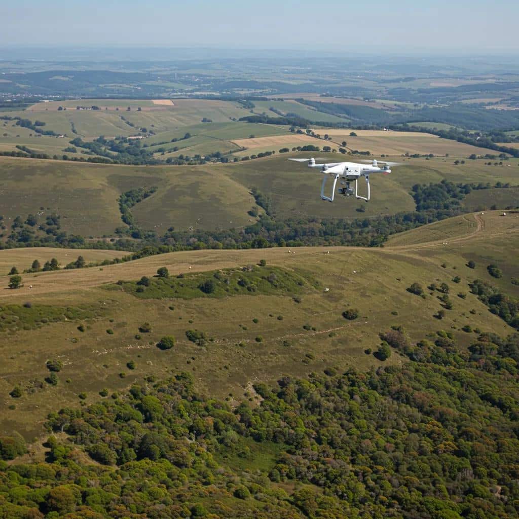 Drone capturing topographic data over a varied landscape