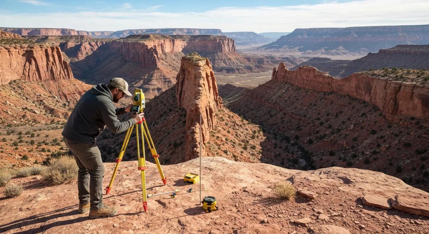 Surveyor measuring elevations in rugged Utah terrain during a topographic survey
