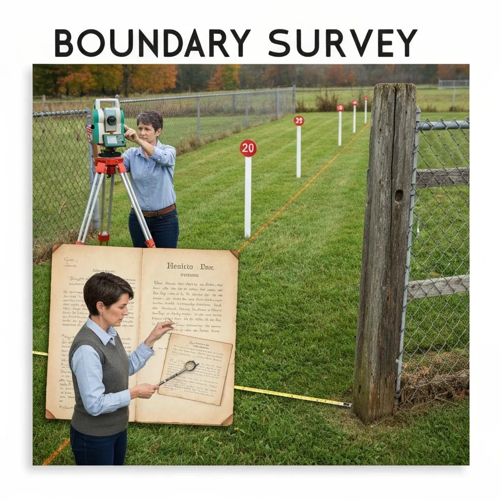 Surveyor marking property lines during a boundary survey in a residential area