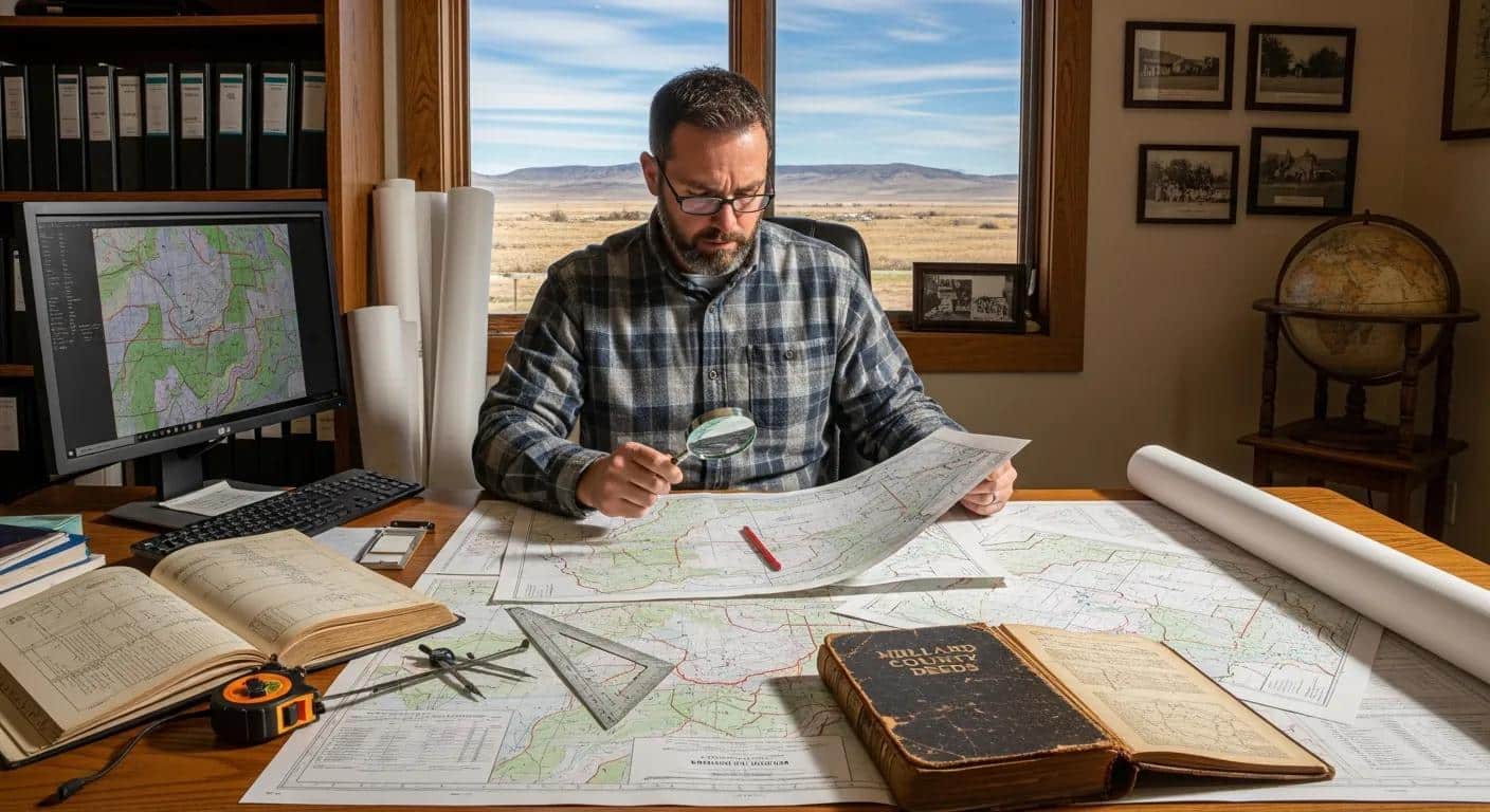 Man examining detailed maps and land records with a magnifying glass at a desk, surrounded by surveying tools and documents, showcasing local surveying expertise in Fillmore, Utah.
