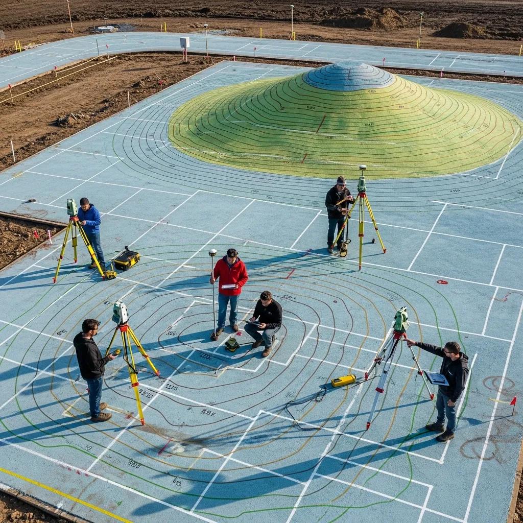 Aerial view of a topographic survey site with contour lines and surveyors at work