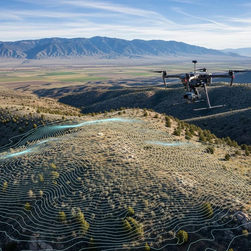Aerial view of topographic survey in Mona, Utah, featuring drone capturing contour lines and natural terrain for land planning and surveying services.