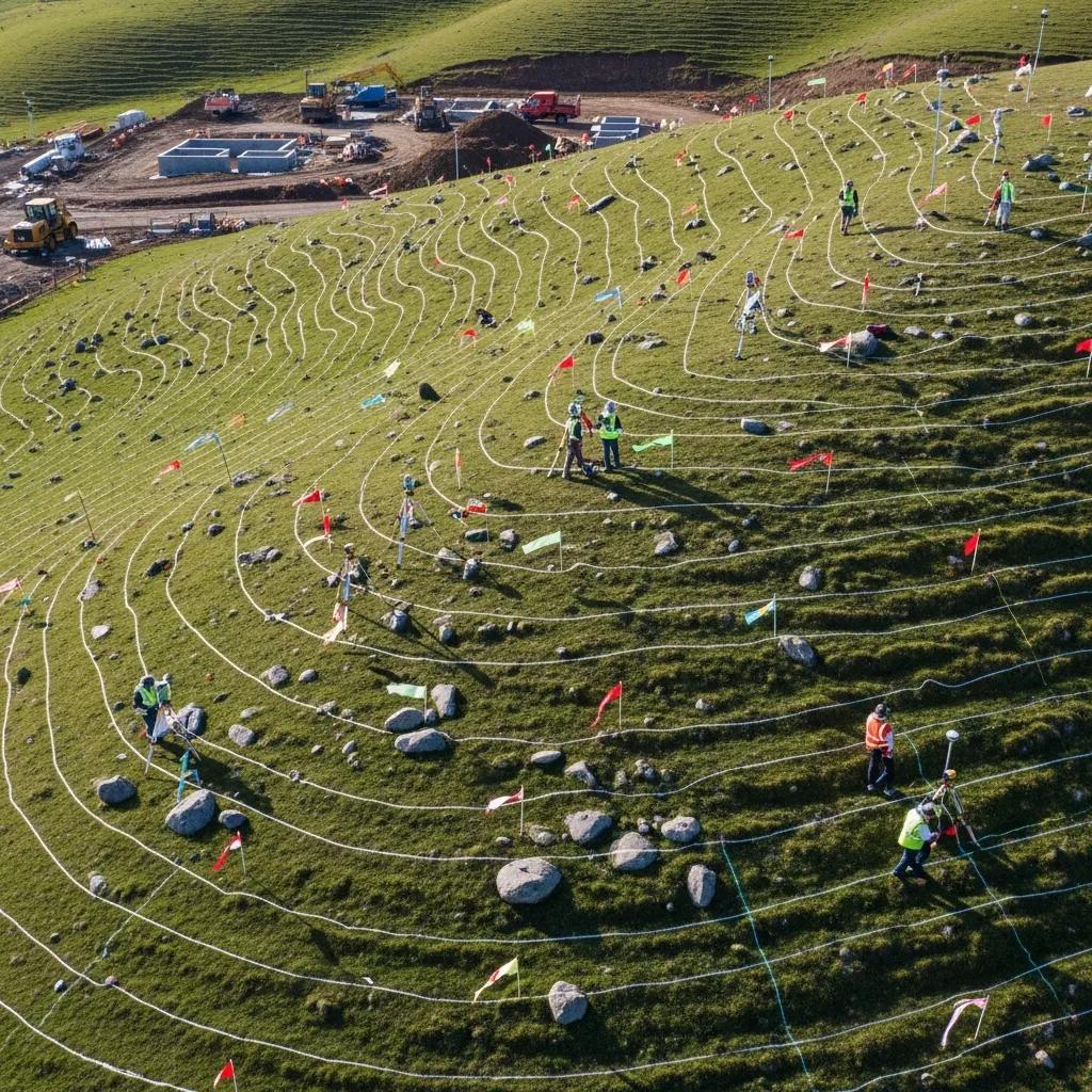Topographic contour lines over a hillside &mdash; aerial perspective of site mapping