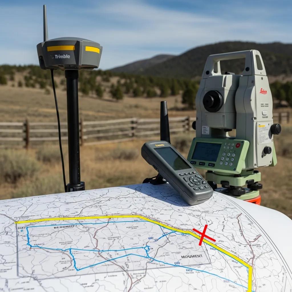 Boundary survey map and tools in a rural setting