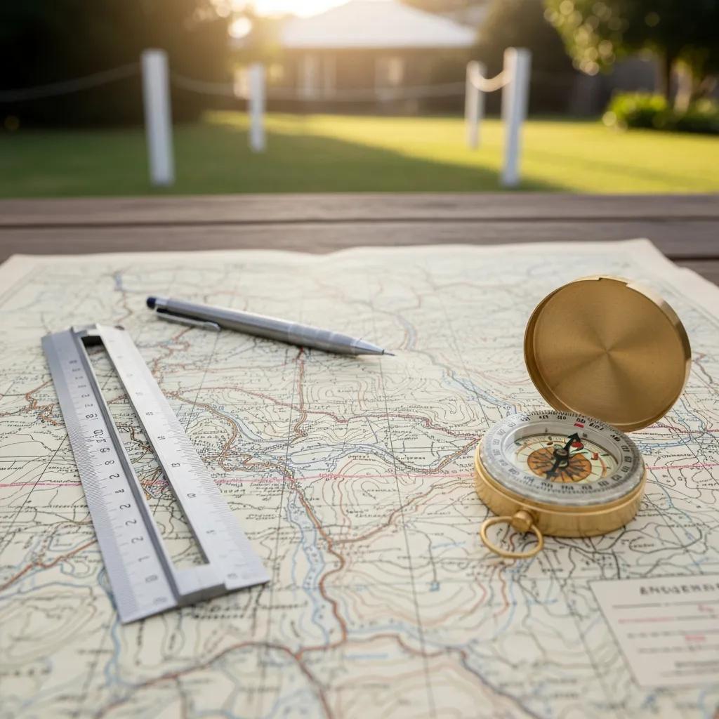 Boundary survey map with measuring tools showing the process of defining property lines