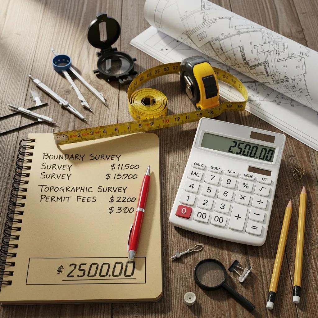 Calculator and notepad representing property survey costs