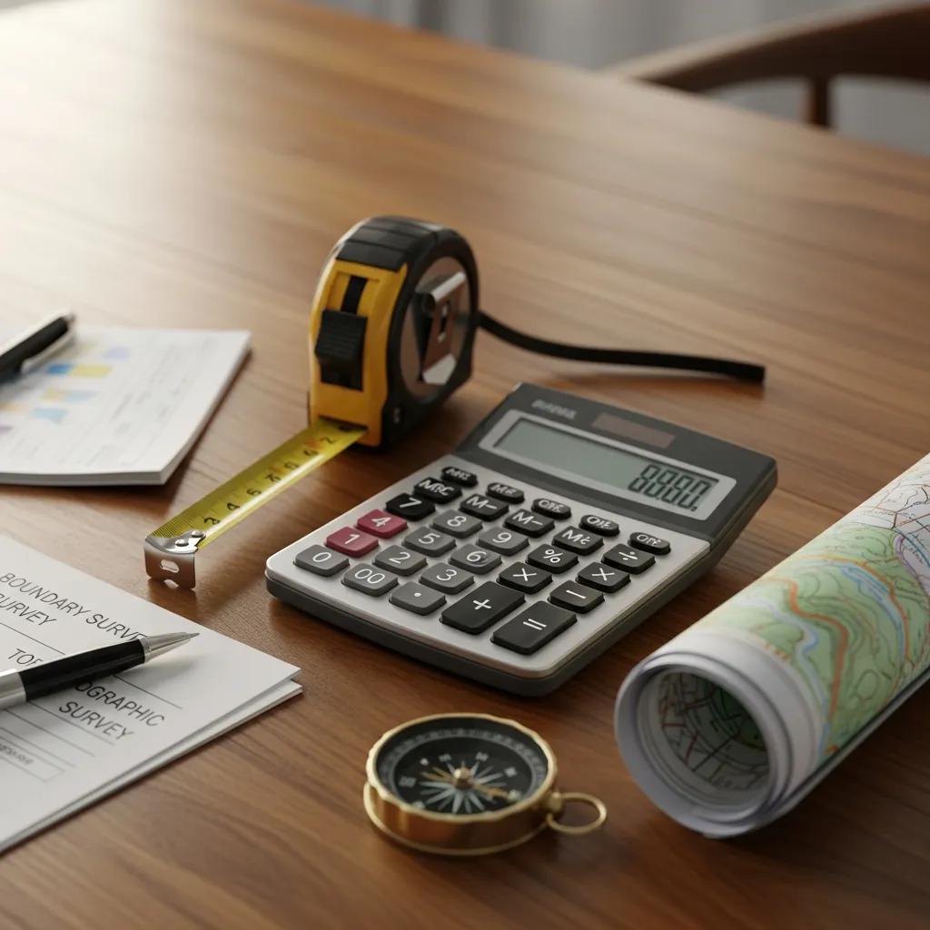 Tools and documents representing factors that influence land surveying costs, such as tape measure, calculator, and map