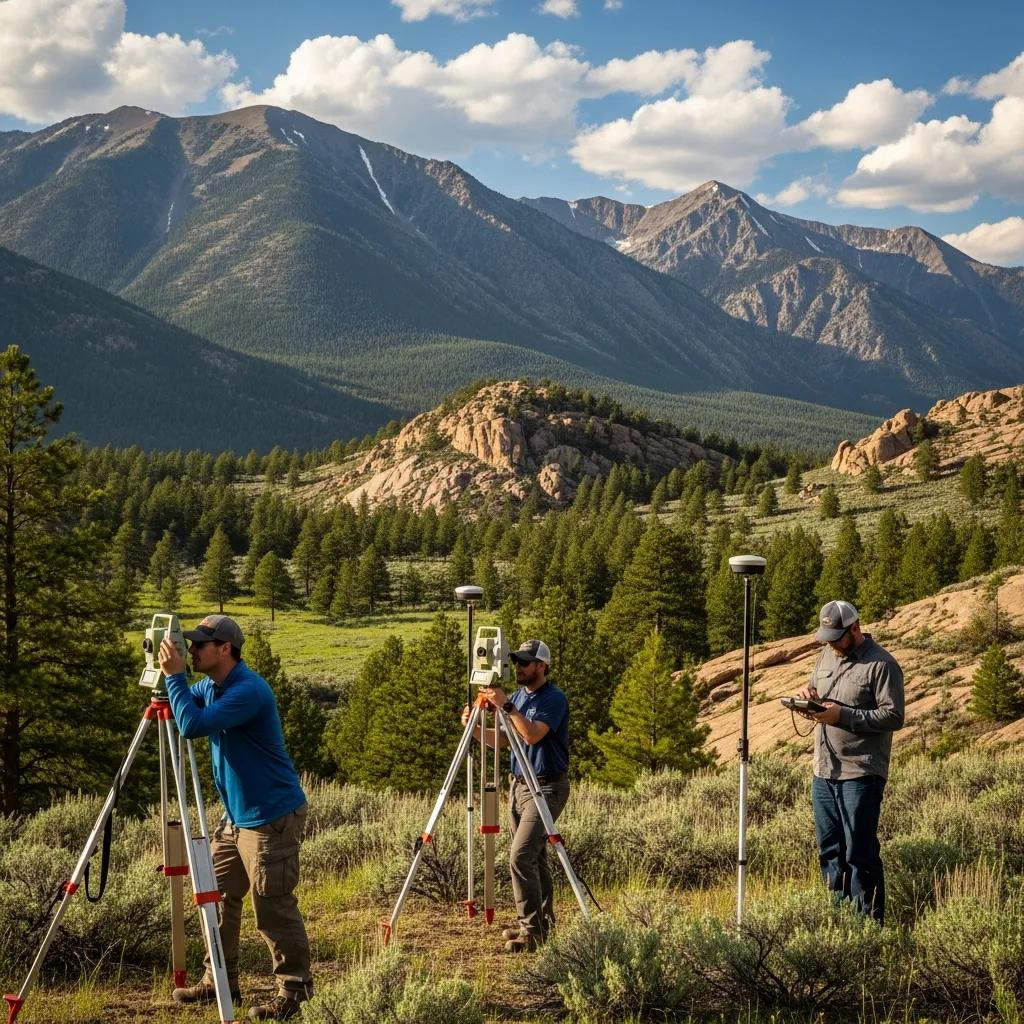 Land surveying team in Alpine Utah with mountains and greenery