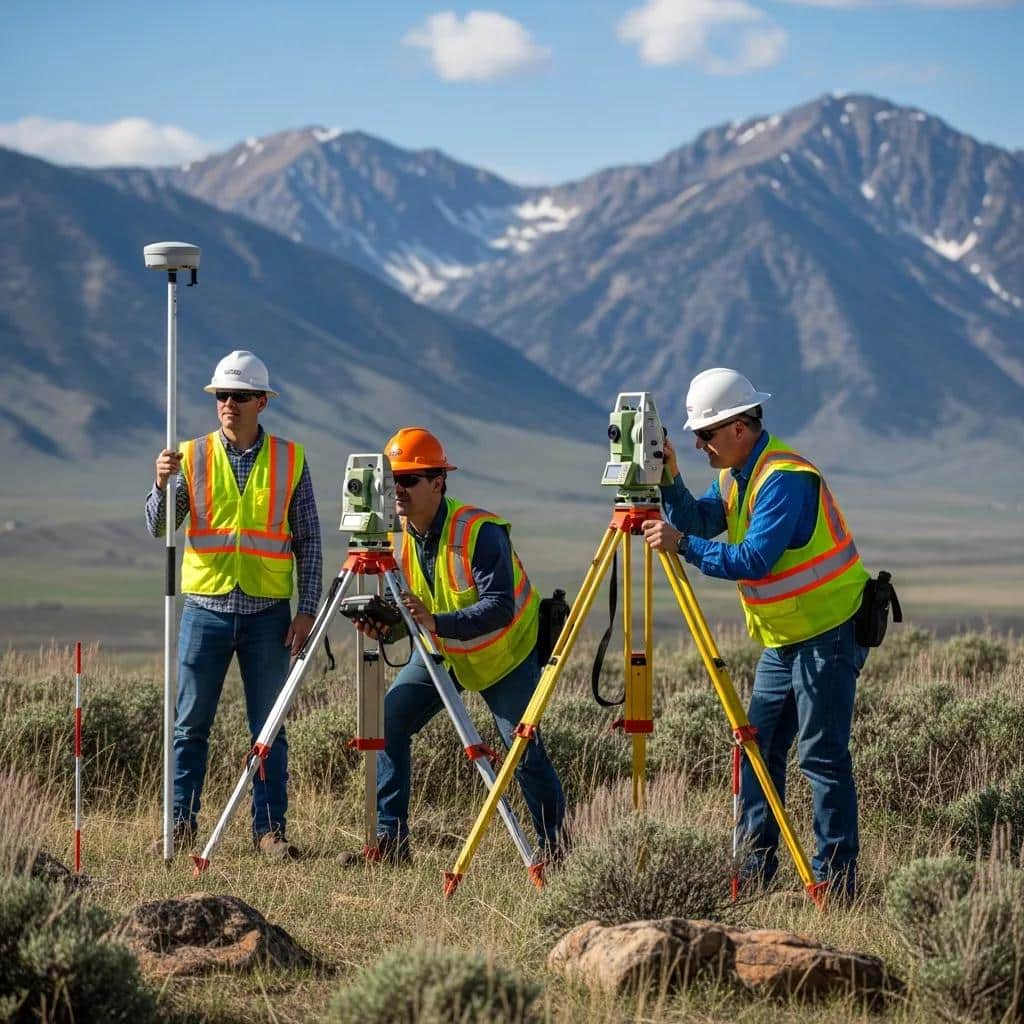 Land surveying team in Fillmore, Utah, using surveying equipment in a scenic landscape, with mountains in the background and team members wearing safety vests and hard hats.