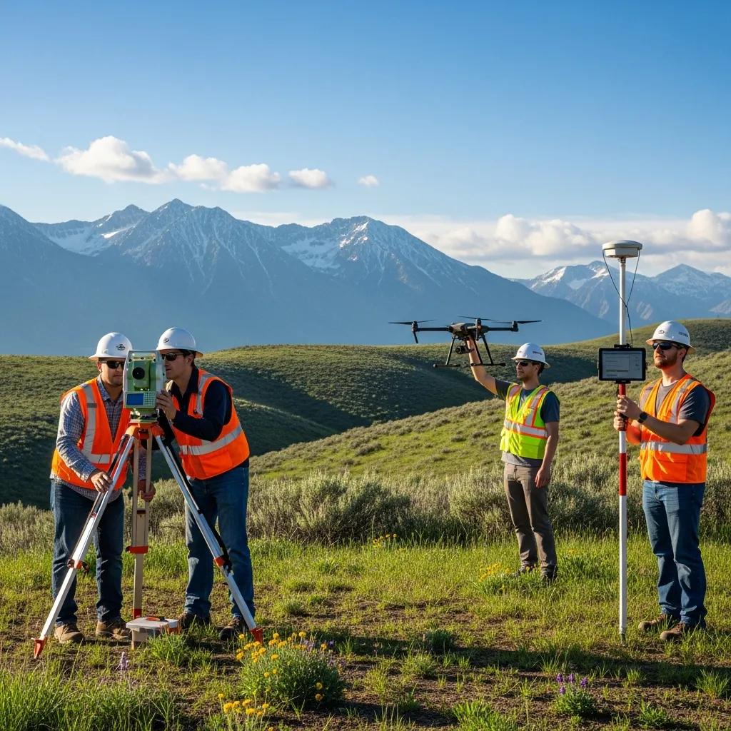 Land surveying team in Springville, Utah, using modern equipment in a scenic landscape