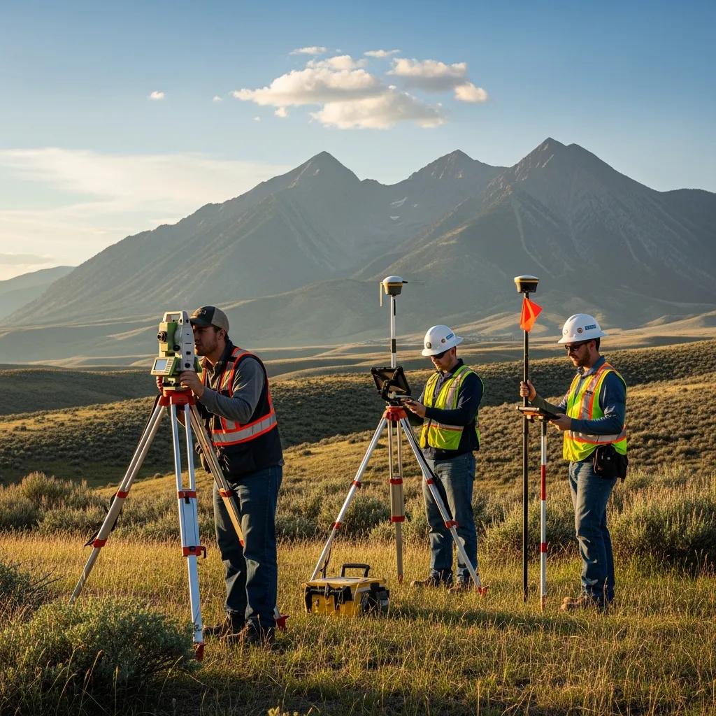 Survey crew using modern instruments across Eureka, Utah's landscape