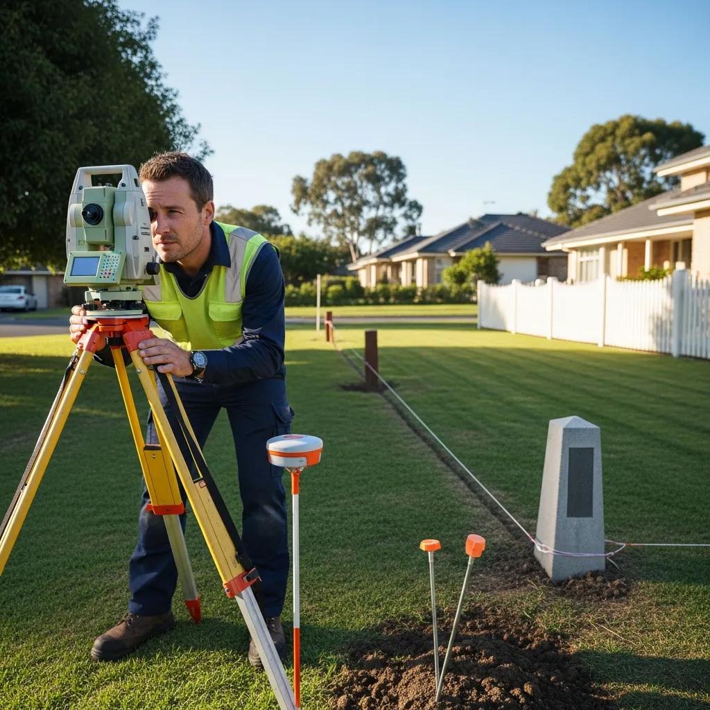 Land surveyor conducting a boundary survey in a residential area, showcasing property lines
