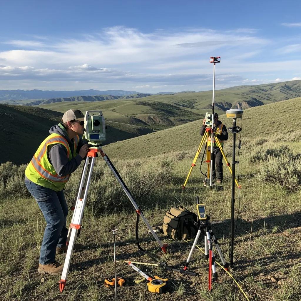 Land surveyor in Eagle Mountain, Utah using GPS and total station in a scenic landscape
