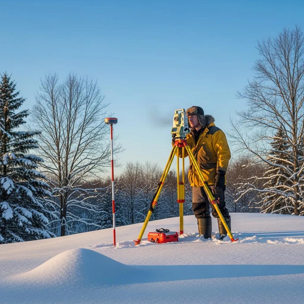 Land surveyor in winter landscape using total station for city approvals