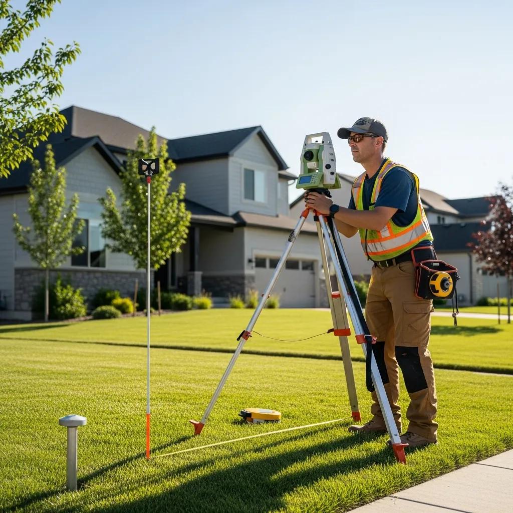 Surveyor marking property corners in a Provo neighborhood