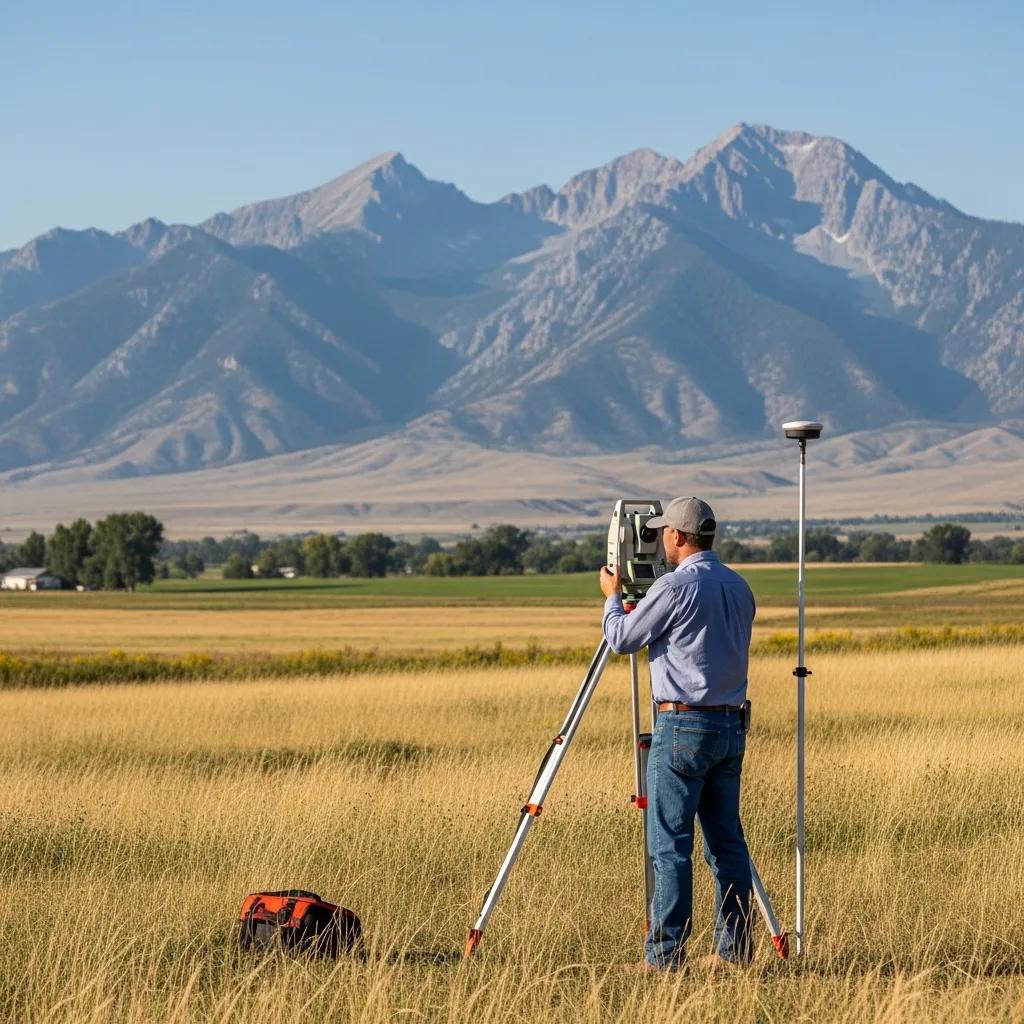 Land surveyor using advanced equipment in a rural field with mountains in the background, highlighting land surveying services in Mona, Utah.