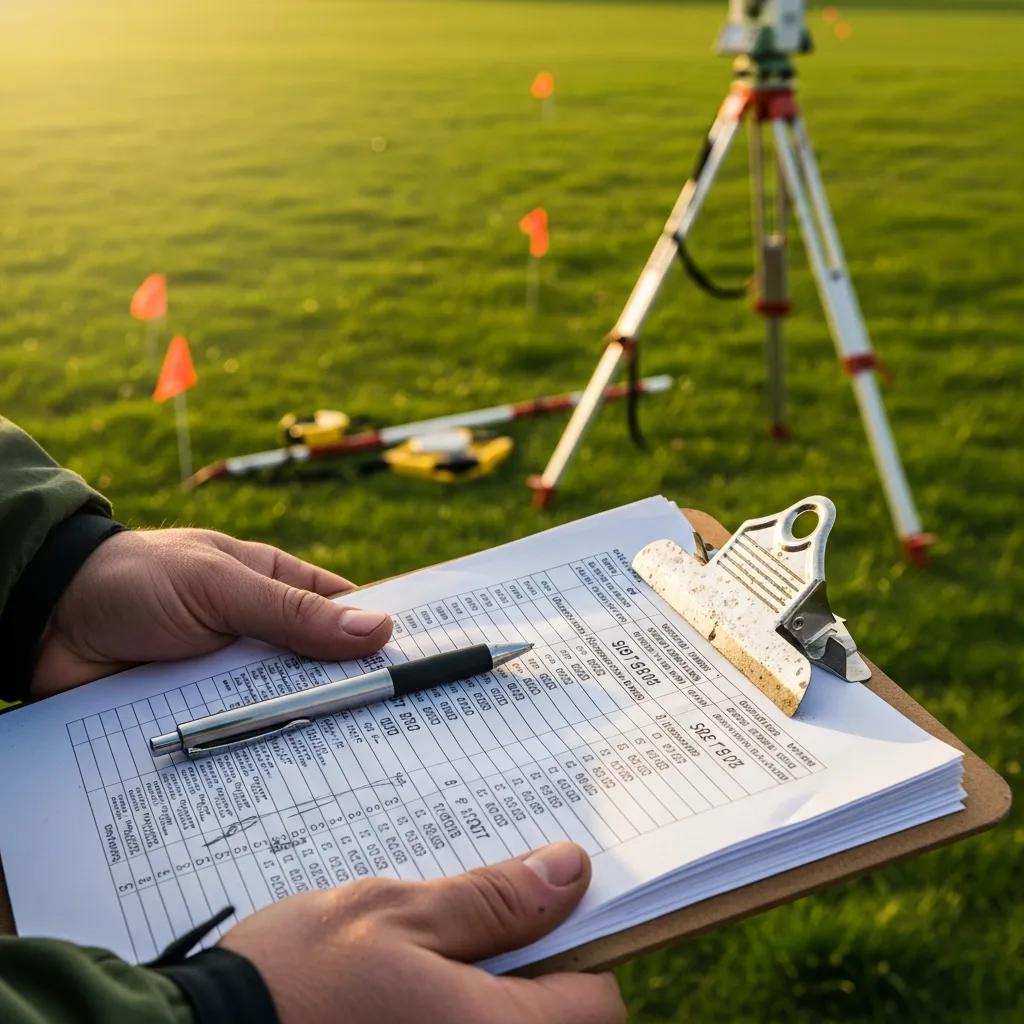 Land surveyor reviewing cost estimates and data on a clipboard during a property survey