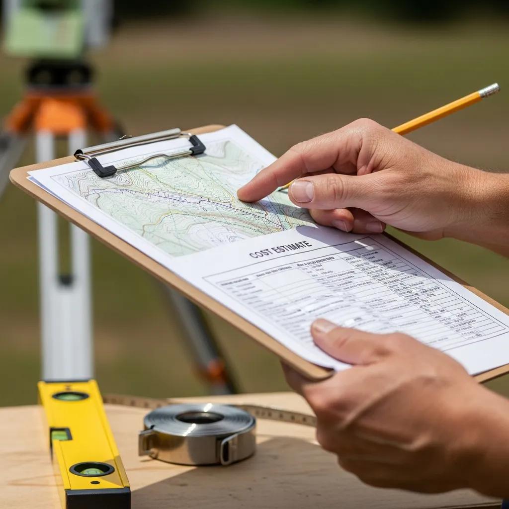 Surveyor reviewing maps and cost details in the field