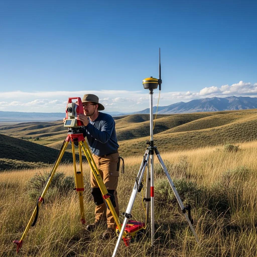 Land surveyor using GNSS equipment in a Mapleton landscape
