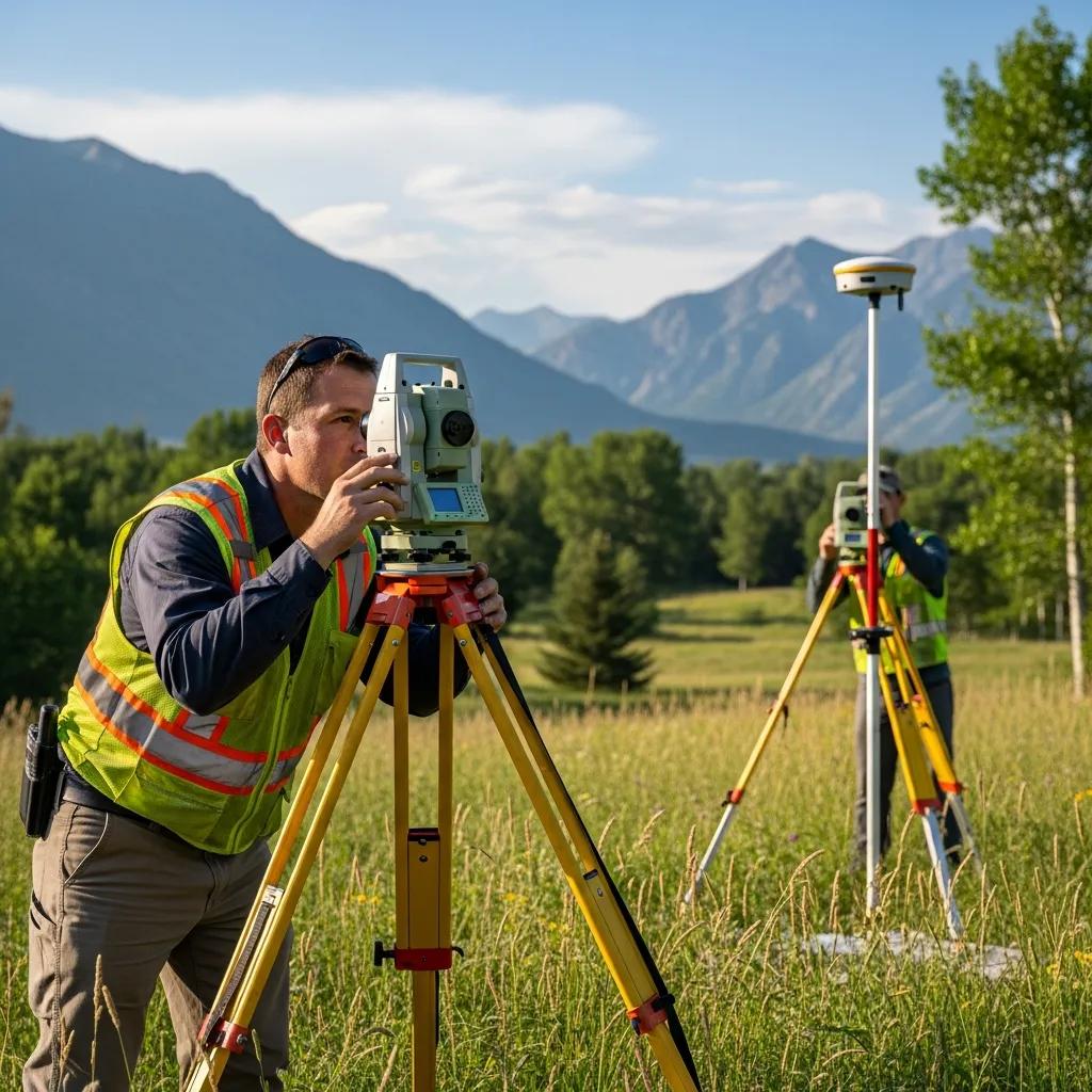 Licensed land surveyor in Payson, Utah, using modern equipment in a scenic outdoor setting