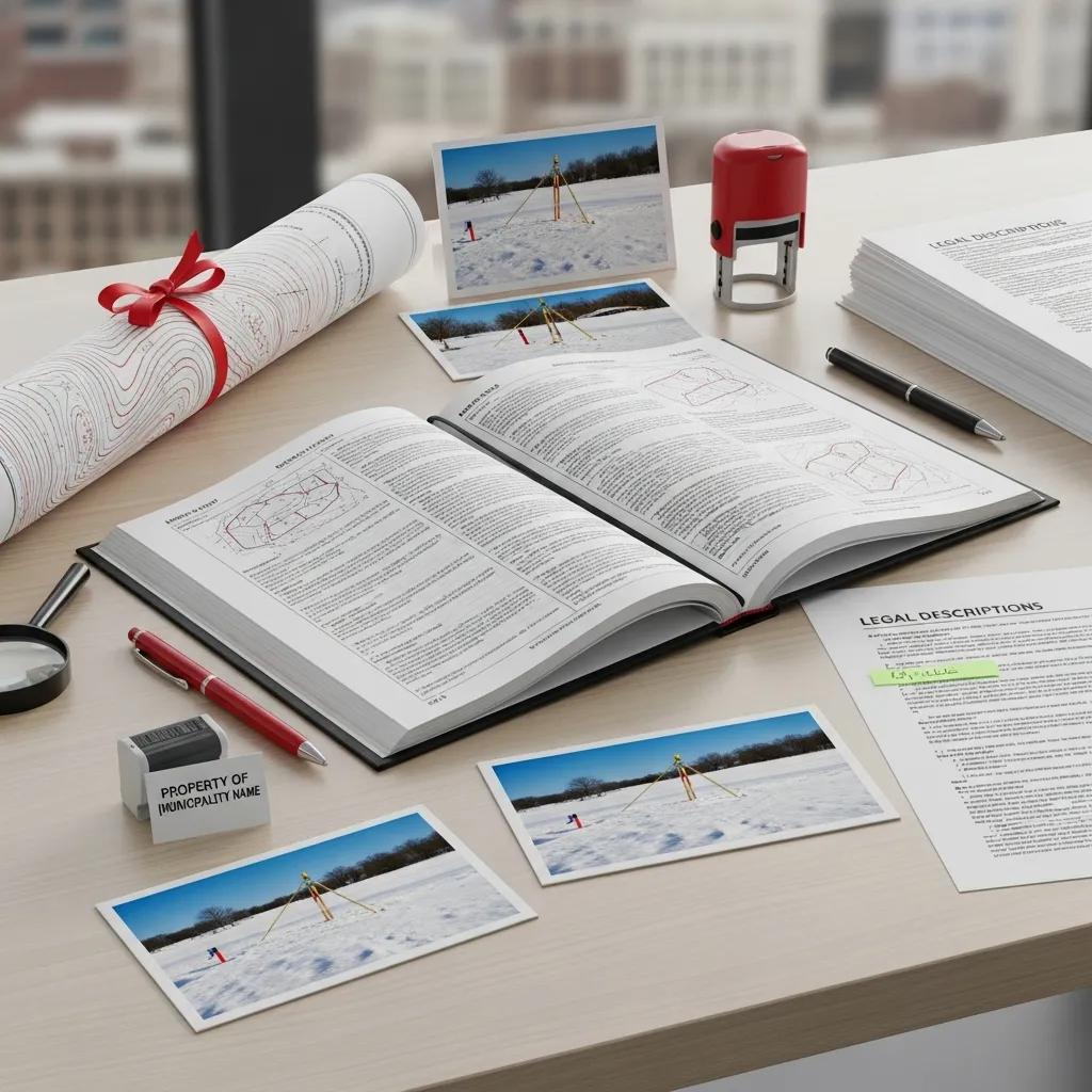 Survey report and organized permit documents laid out for a December municipal submission