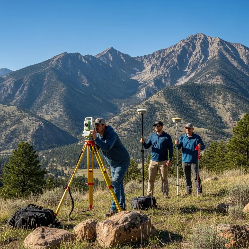 Provo land surveying team working in a scenic landscape with mountains