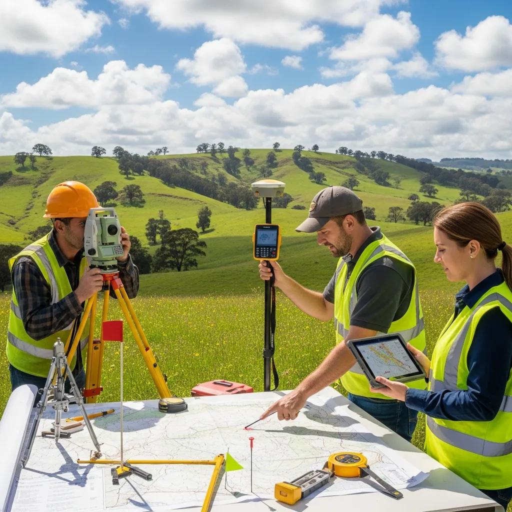 Survey team coordinating a land survey using GPS and total stations in the field