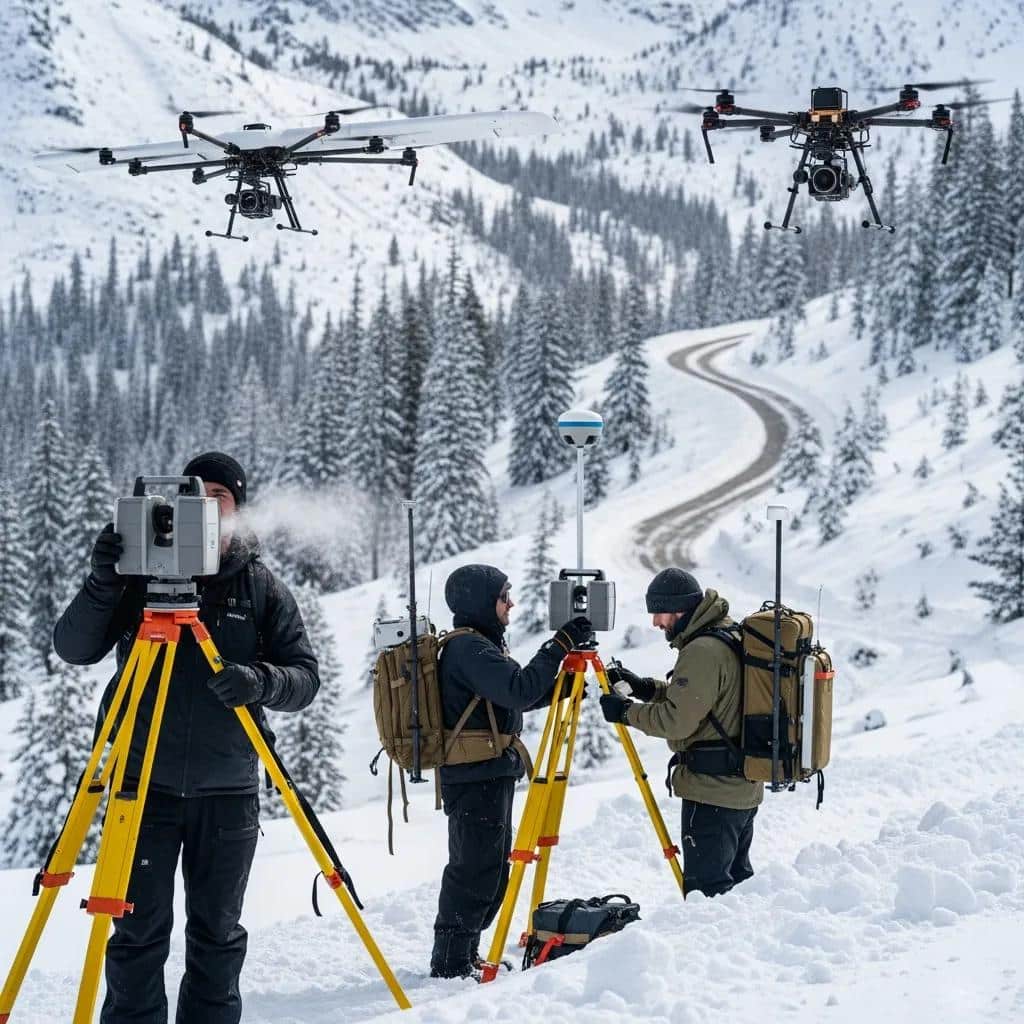 Survey crew using LiDAR and drone photogrammetry in light snow to capture accurate site data