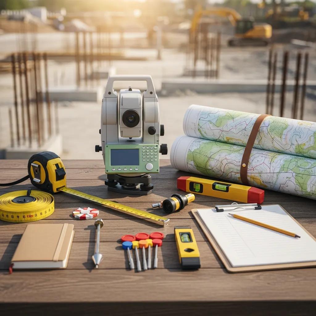 Survey instruments and crew preparing equipment for a land survey