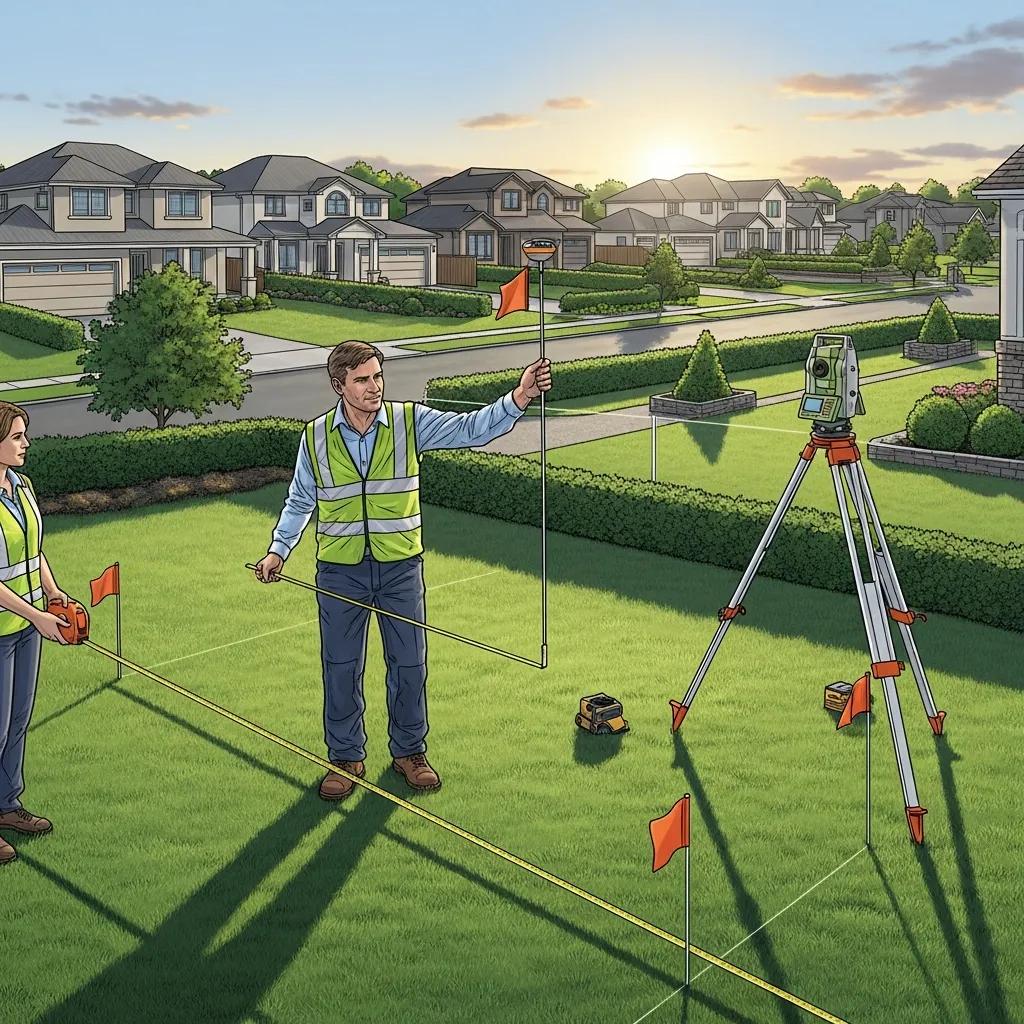 Surveyor marking property lines during a boundary survey in a residential area
