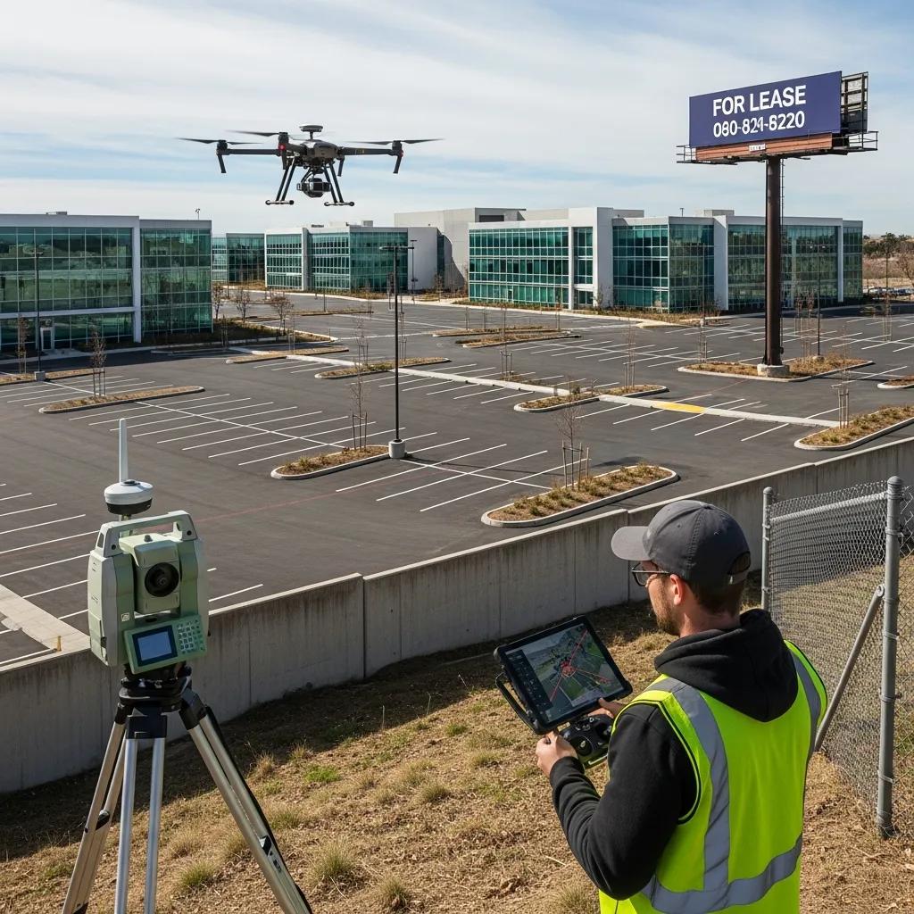 Surveyor using drone and total station for an ALTA survey on a commercial property, illustrating survey complexity