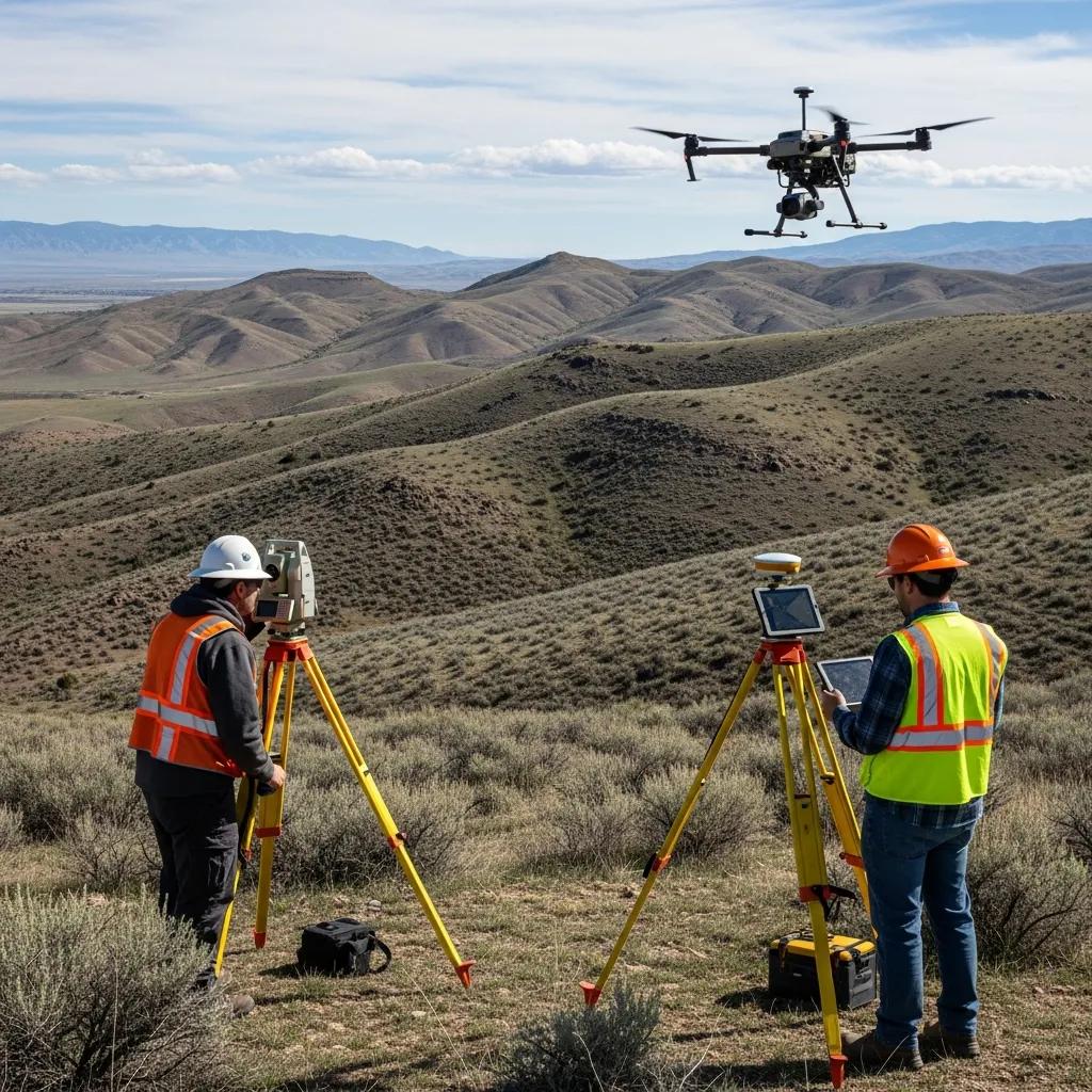 Surveyors conducting a topographic survey with a drone in Millard County