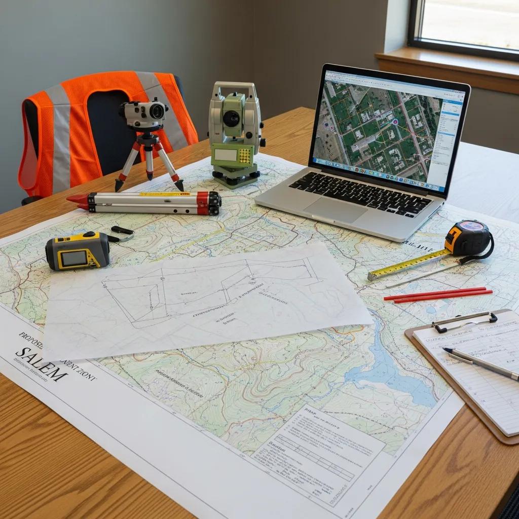Topographic survey map and surveying tools in a professional setting