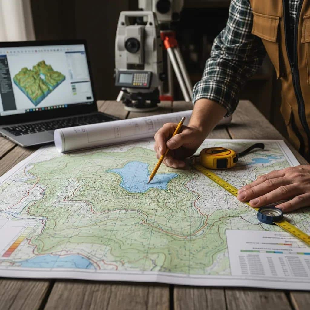 Land surveyor analyzing topographic survey map with contour lines, lake, and elevation details, alongside surveying equipment and digital model on laptop, supporting site planning in Fillmore.