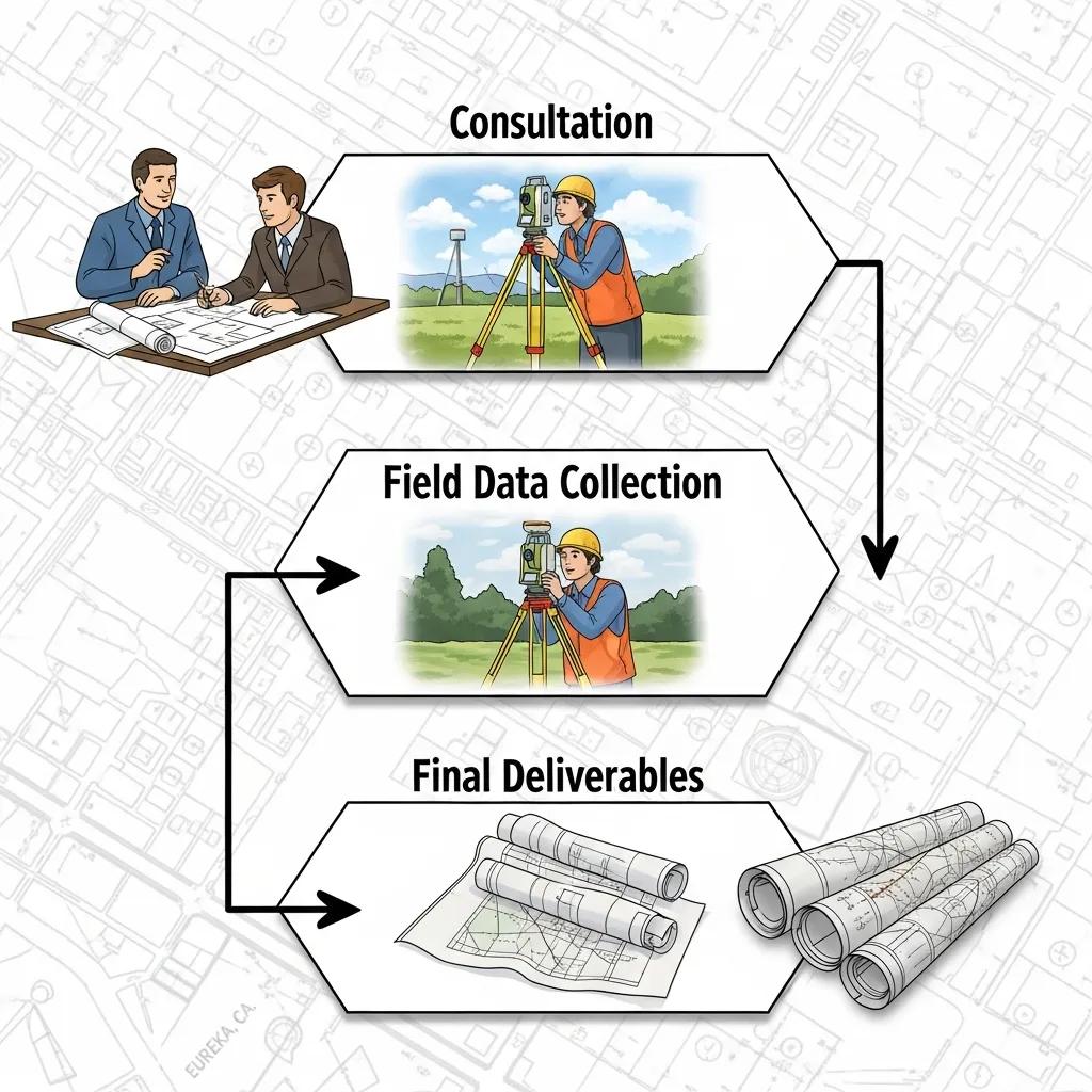 Graphic showing the main steps of the land surveying process in Eureka
