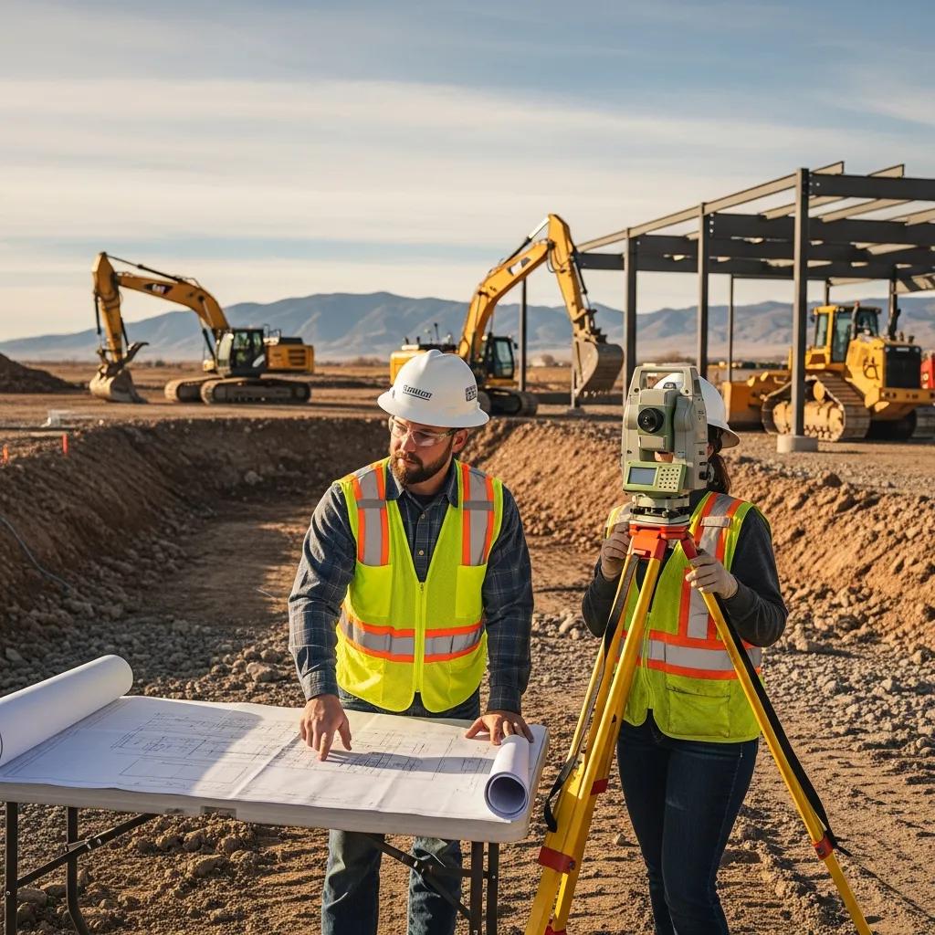 Civil engineer and surveyor coordinating site layout at a Levan construction project