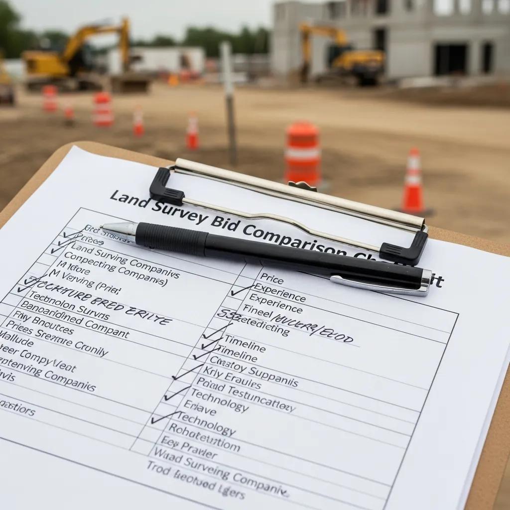 Land survey bid comparison checklist with a pen on clipboard, construction site in the background featuring machinery and safety cones, emphasizing the importance of evaluating land surveying bids.