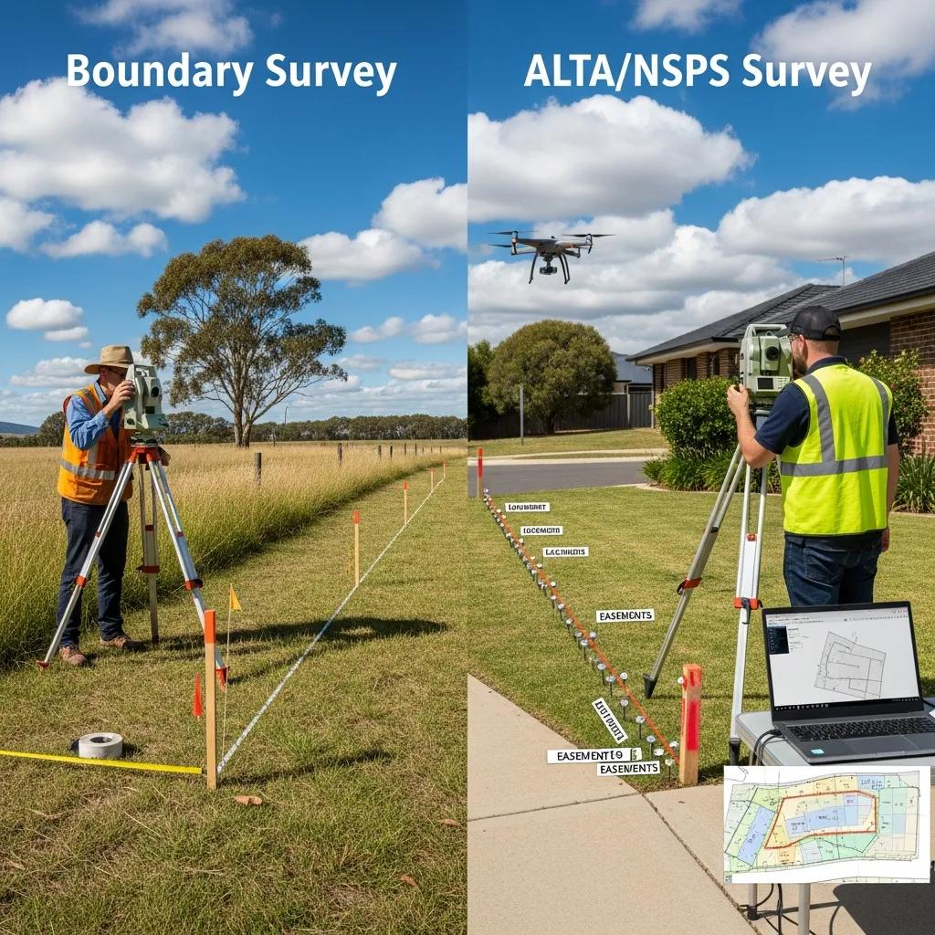 Boundary survey with surveyor using equipment in a field and ALTA/NSPS survey with drone and surveyor near a residential area, illustrating differences in survey types and detail levels for property surveying.