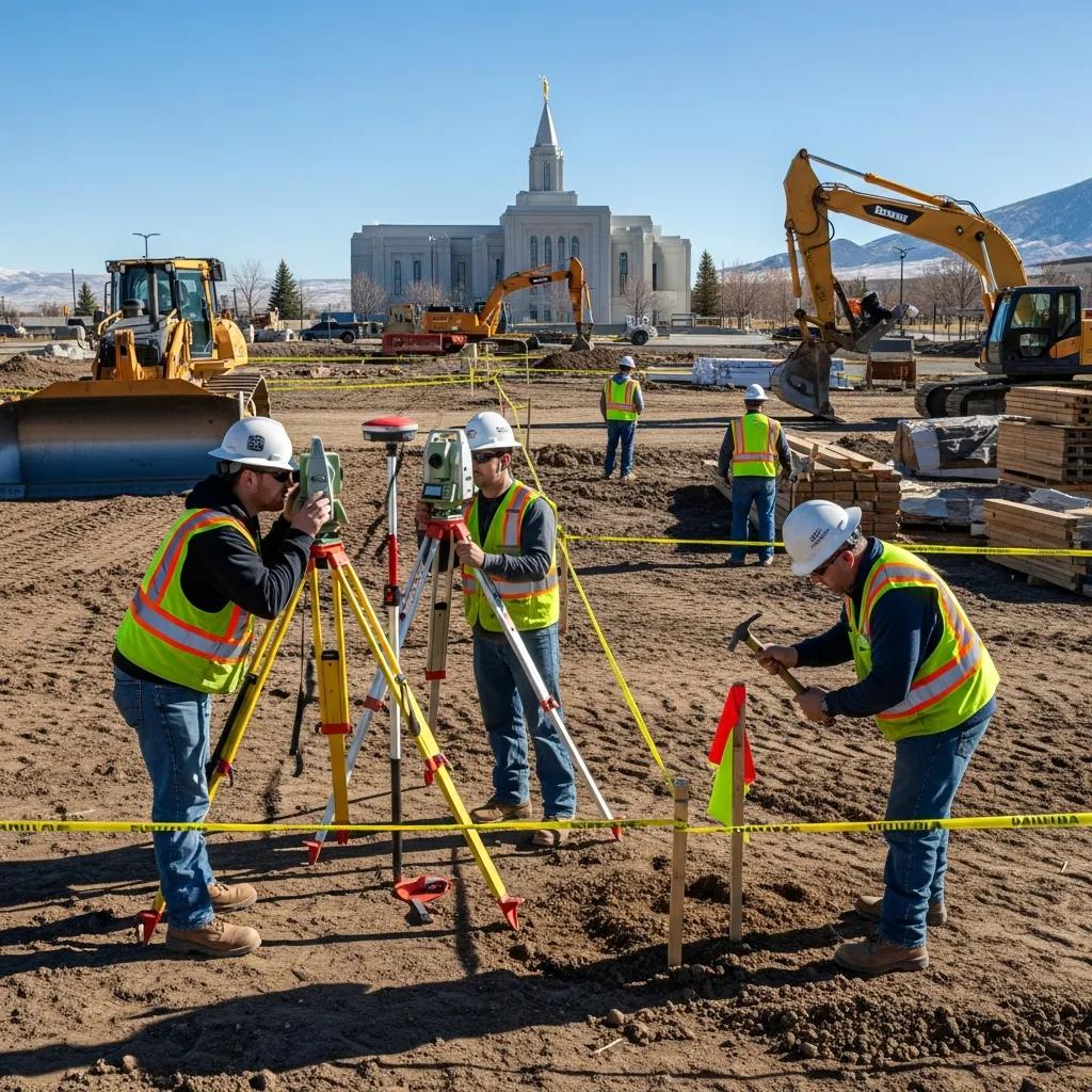 Construction crew marking boundary points at a Manti site