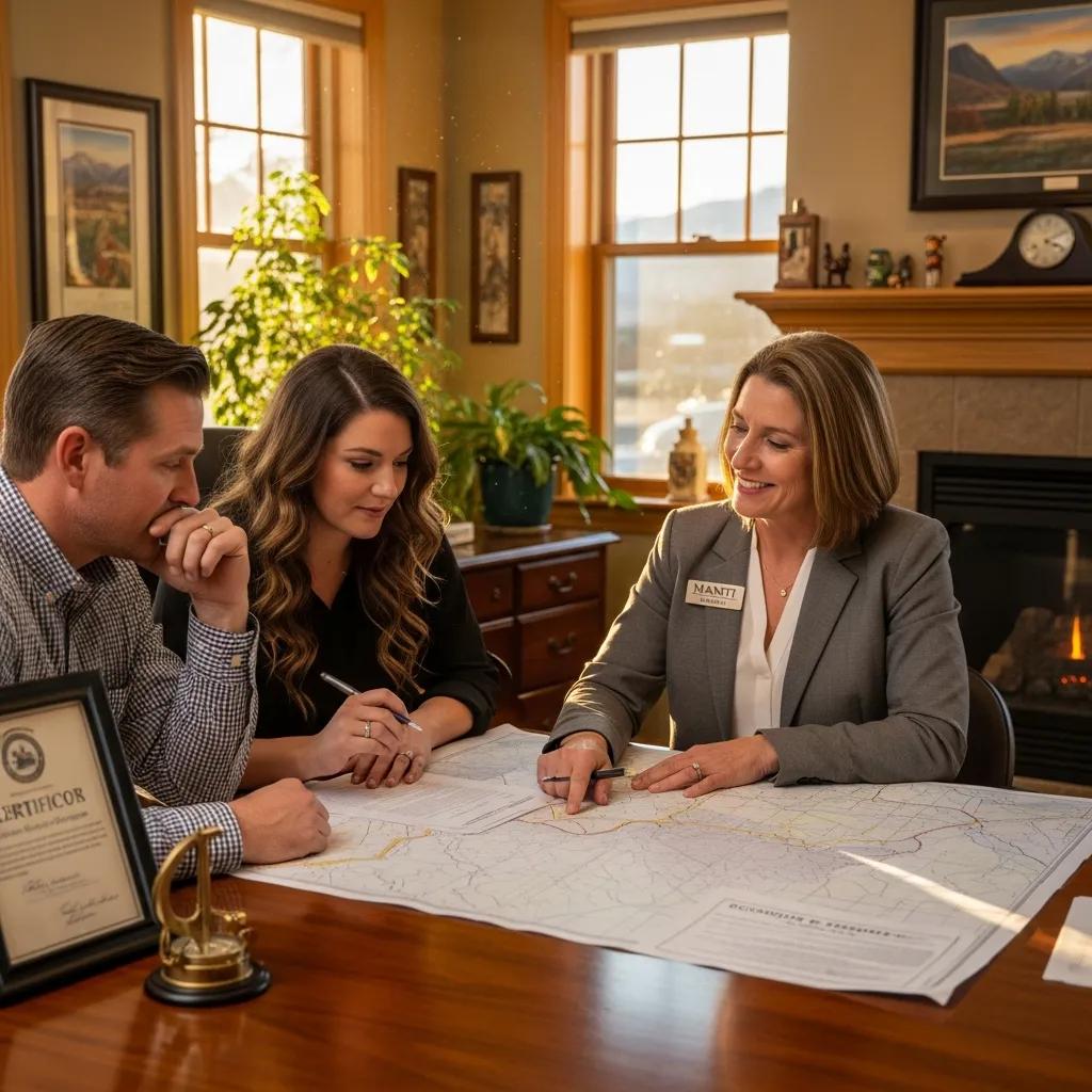 Homebuyers and agent review boundary survey documents in Manti, Utah
