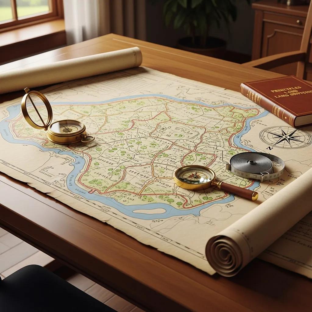 Office map and surveying instruments showing a detailed property boundary plan