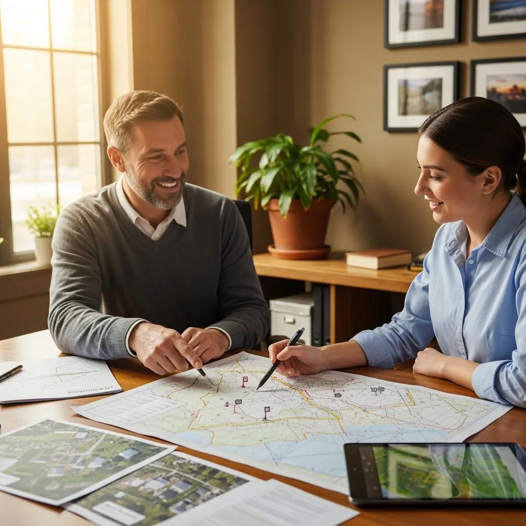 Homeowner consulting with a land surveyor in an office, reviewing property maps and discussing boundary lines and survey details.