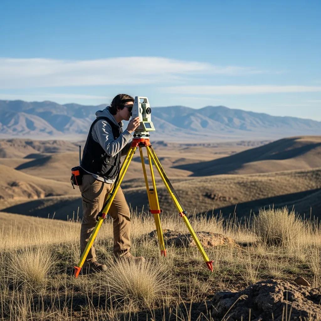 Land surveying scene in Moroni, Utah, featuring a surveyor with equipment in a beautiful landscape