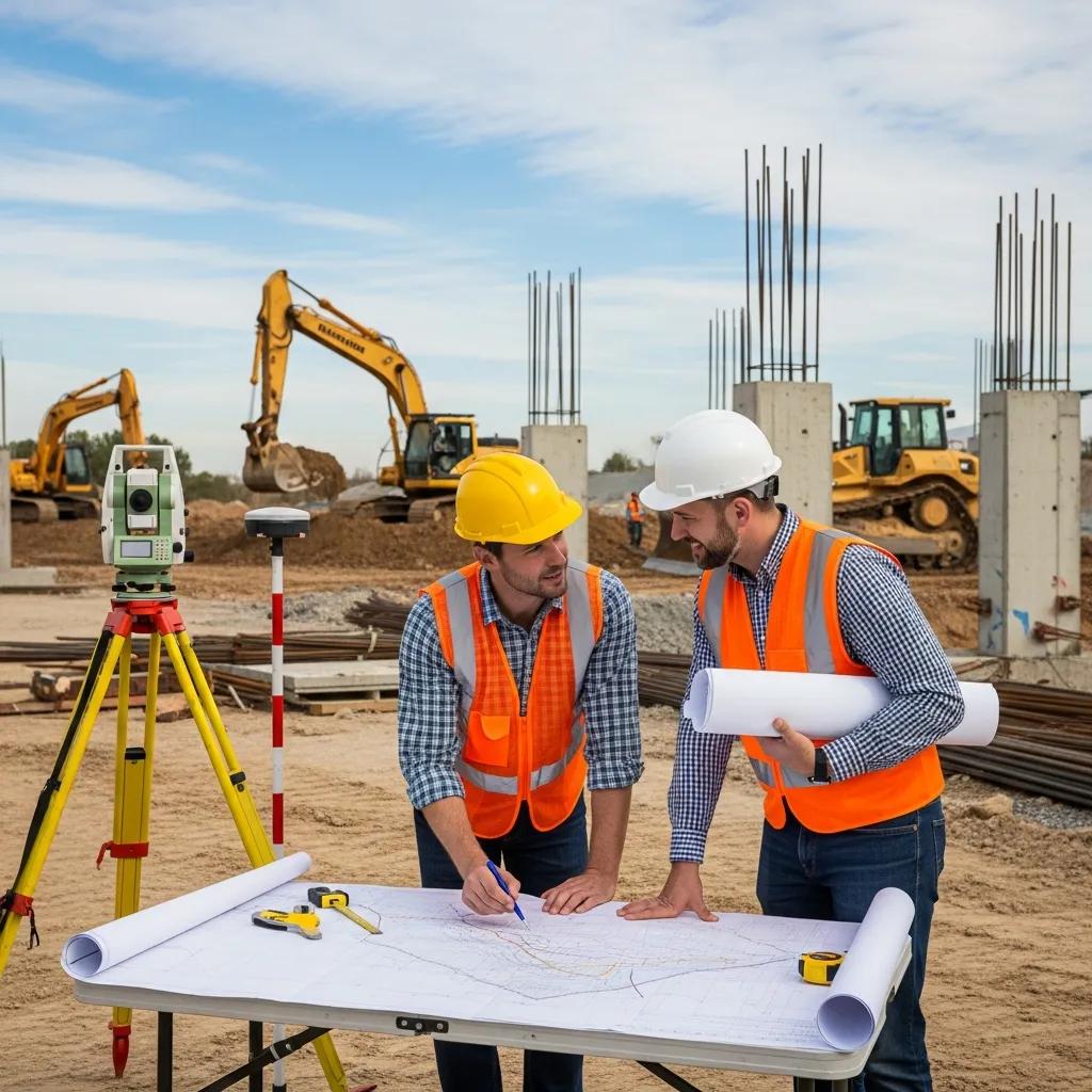Land surveyor and civil engineer collaborating on a construction project
