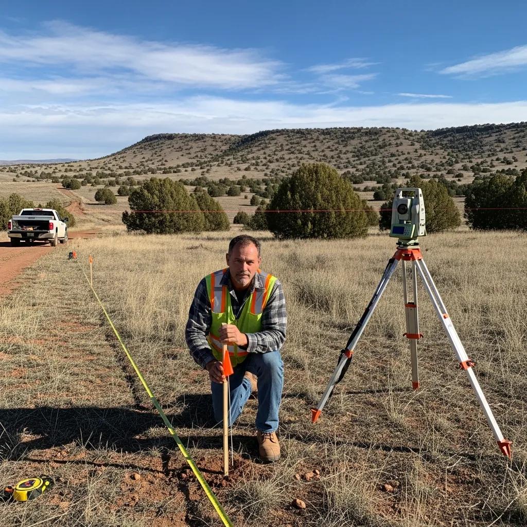 Surveyor marking a property corner in Rocky Ridge with professional equipment