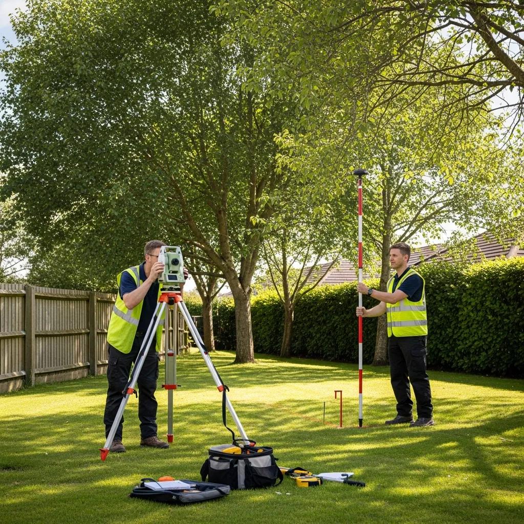 Land surveyor measuring property lines in a residential area during a boundary survey