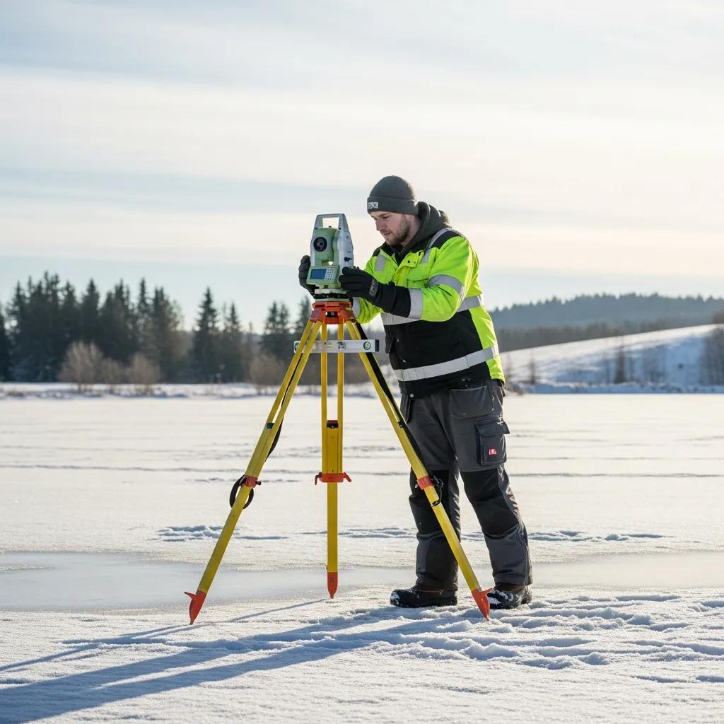Land surveyor setting up equipment on frozen ground, demonstrating the stability benefits for accurate surveying