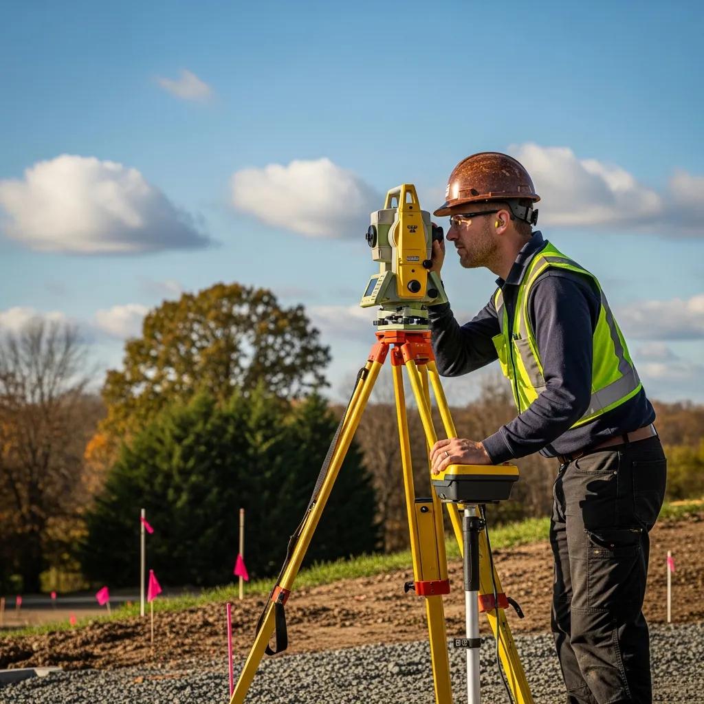 Land surveyor using equipment on a construction site, emphasizing professional surveying practices
