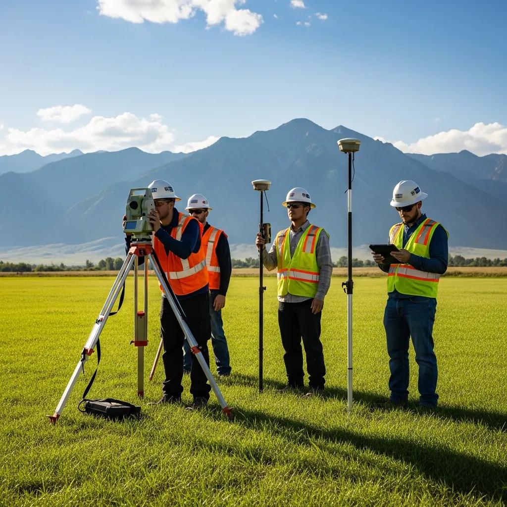 Professional land surveyors in Fairview, Utah, using surveying equipment in a scenic landscape