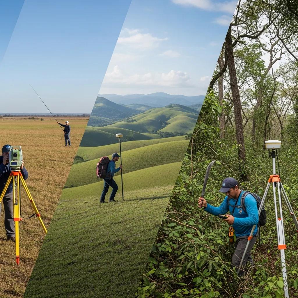 Surveyor evaluating site conditions across varying terrain